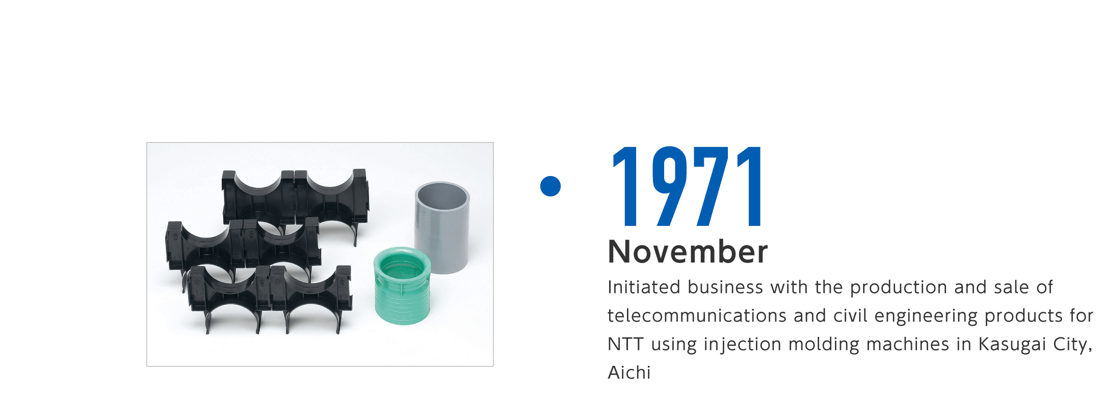 1971年11月-愛知県春日井市にて、射出成形機を用いた日本電信電話公社向け電気通信土木用品の製造・販売から開業